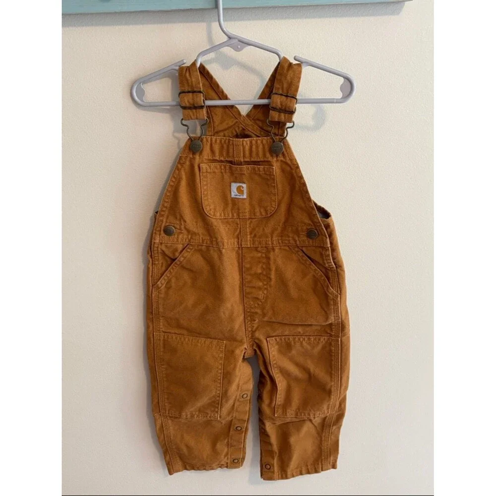 Carhartt Toddler Pants 18m Brown Overalls Canvas Logo Pockets Sleeveless Cotton